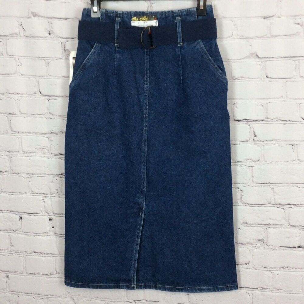 Vintage Ms. Chic by H. I. S. Blue Jean Skirt Women’s Sz 8 Belted Denim Straight